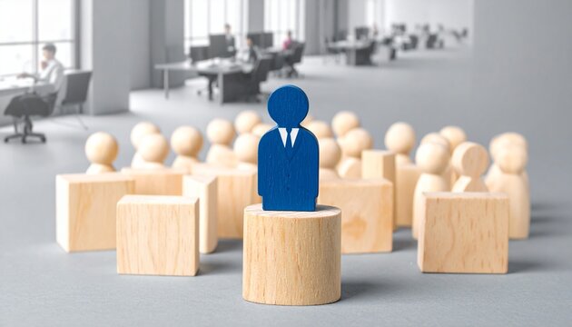 "Blue figurine leader standing before group"