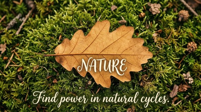 Autumn Oak Leaf Resting on Lush Green Moss with Inspirational Text About Nature and Cycles
