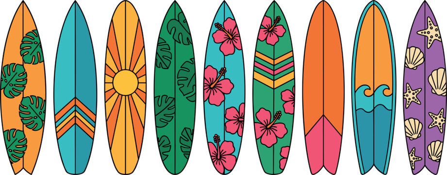 Retro tropical summer surfboard vector sticker set with monstera leaves hibiscus flowers retro sunburst ocean waves geometric stripes and seashells patterns