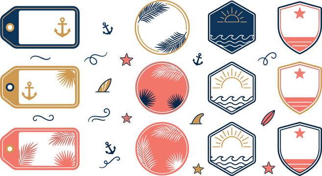 Minimalist coastal summer vector badge label set featuring palm tree leaf frames anchor tags ocean waves geometric shields and surfboard stickers