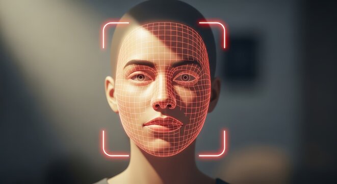 Biometric Face Recognition Technology with 3D Digital Scan Overlaying a Woman's Face in a Futuristic Concept