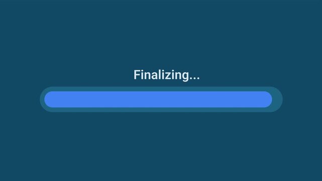 Animated motion graphics showing a blue progress bar finalizing over a transparent alpha channel background. Represents the closing steps of an installation, setup, or data processing task.
