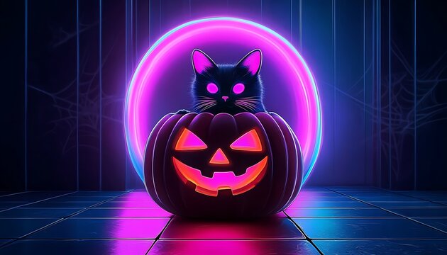 Cute black cat sitting inside a carved glowing pumpkin with vibrant neon pink light circular background effect