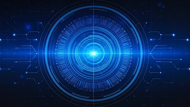 A glowing blue digital interface with concentric circular patterns