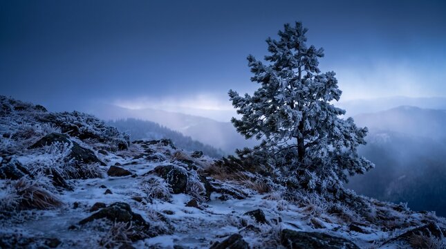 Single lone pine tree standing on a snowy mountain ridge under a blue twilight sky