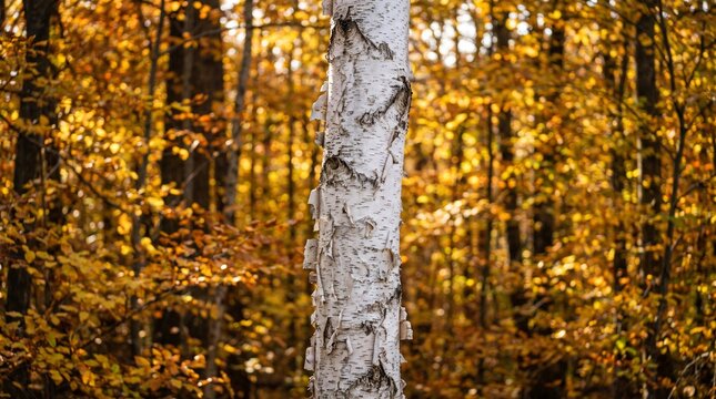 Single white birch tree trunk standing in a golden autumn forest with sun light