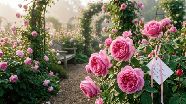 Elegant classic public rose garden park layout featuring romantic climbing rose arches and lush green walkway trails