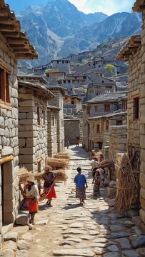 Traditional Stone Village Street With Pedestrians