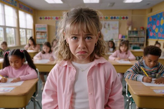 Upset little girl in a classroom making funny, angry, and defiant faces and gestures