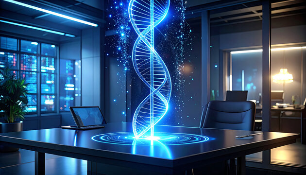 Futuristic DNA Hologram in HighTech Laboratory Environment.