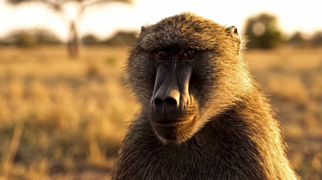 A wild chacma baboon stares intently while sitting within the vast grassy plains of the African savanna under the beautiful golden glow of the afternoon sun during a dry and warm summer day