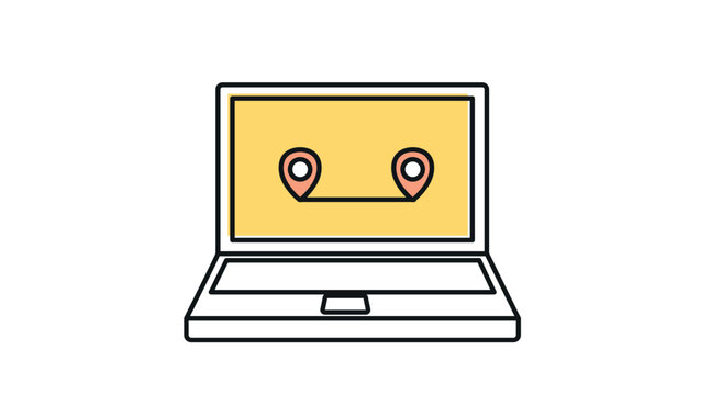 Laptop route tracking icon: portable notebook computer displaying two location pins with distance route line on screen, modern offset color line art vector.
