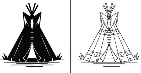 Teepee Ethnic Tent Vector Illustration as a Black Silhouette and a Detailed Line Art Icon with Grass © Md