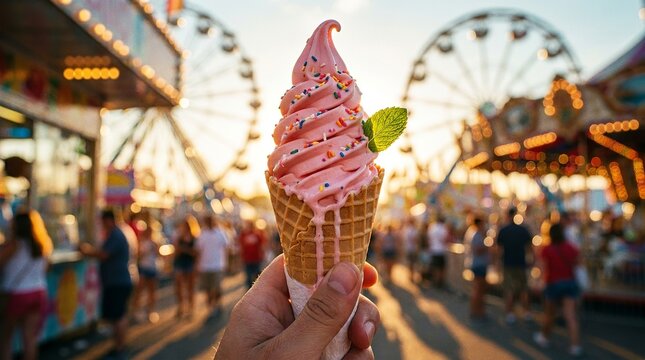Strawberry Soft Serve Ice Cream Cone at a Carnival Amusement Park During Sunset
