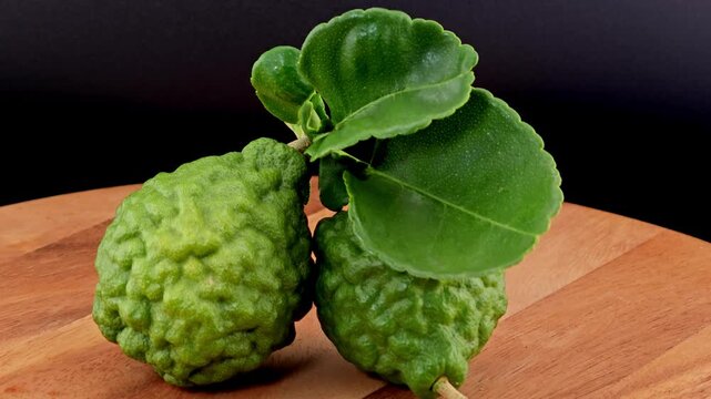 Sliced kaffir lime on wooden board. Zoom out.