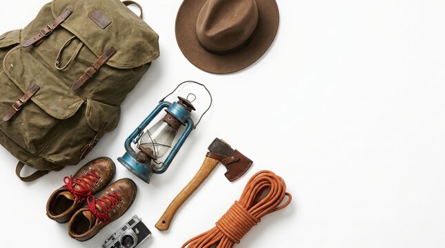 Vintage Adventure Gear Flat Lay with Backpack, Boots, and Camping Essentials