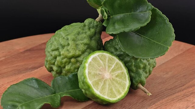 Sliced kaffir lime on wooden board. Zoom out.