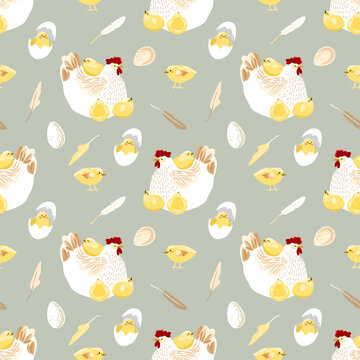 Seamless pattern with cute hens, chicks, and feathers, spring farm background for Easter textile and stationery
