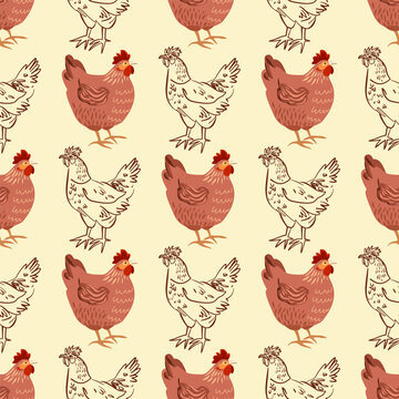 Seamless pattern with colored and line art hens, farmhouse style chicken repeat background for rustic textile and stationery