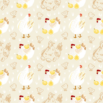 Seamless pattern with hens, chicks, and eggs, cute farmhouse style repeat background for Easter textile and stationery