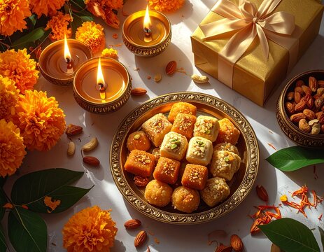Traditional Indian Diwali Flat Lay with Red Silk Fabric, Brass Diyas, Marigold Flowers and Assorted Mithai, Luxury Festive Background with Copy Space