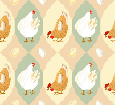 Seamless pattern with white and brown hens, farmhouse style chicken repeat background for kitchen textile and easter decor