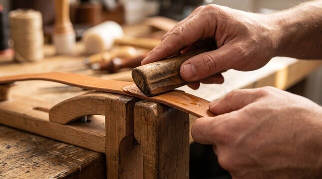 Burnishing leather edges by hand, Wooden slicker finishing process, Artisan leather strap close up, Handmade craft quality detail, Premium workshop photo