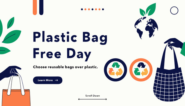 Plastic bag free day web banner illustration featuring reusable shopping totes earth icon and recycle symbols for environmental awareness with globe environmental conservation