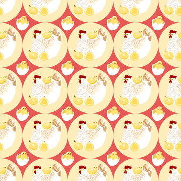 Easter seamless pattern with cute hen and chickens, spring farm animals repeat background for textile and wrapping paper