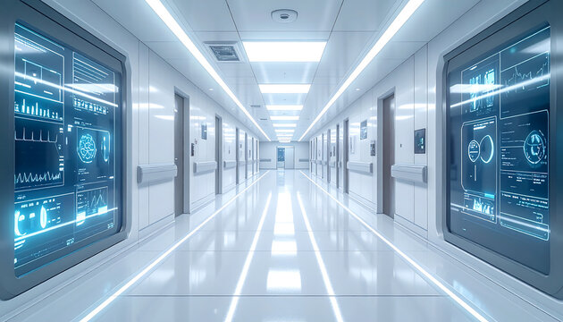 Futuristic hospital corridor with glowing data screens and advanced technology.