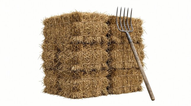 A large stack of neatly bundled hay bales with a vintage farm fork placed beside them on a clean white background