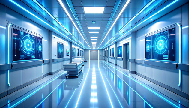 Futuristic hospital hallway with glowing blue lights and digital displays.