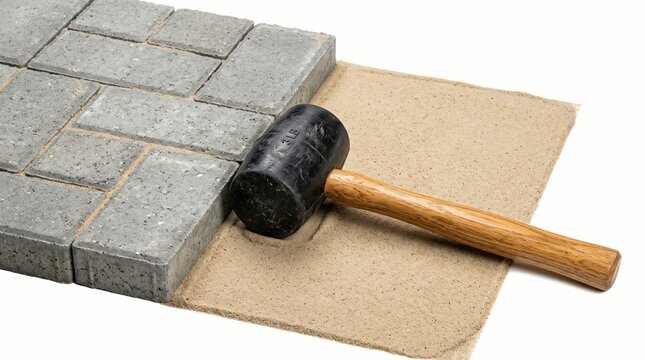 Close-up of a rubber mallet being used to tamp down concrete paving stones with sand on a white background