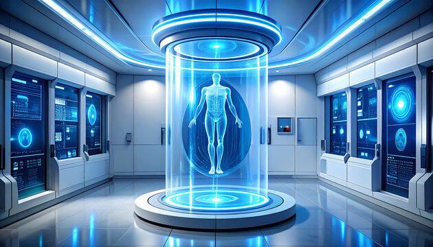 Futuristic Human Hologram in Advanced Science Lab.