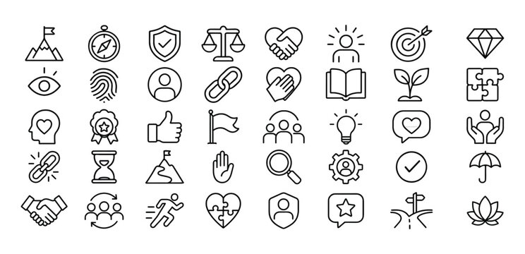 Core values line icons set. Ethics and business principle related line icons. integrity, honesty, respect, responsibility, vision, teamwork, innovation,  trust, vision and etc. Editable stroke.