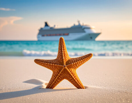 Estrella de mar sobre la arena de una playa al atardecer, con un barco en el mar. Concepto de vacaciones, verano, naturaleza, viajes y vida marina