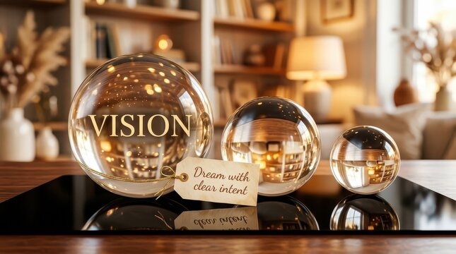Crystal ball with the word VISION, tag saying Dream with clear intent, symbolizing future, clarity and goals