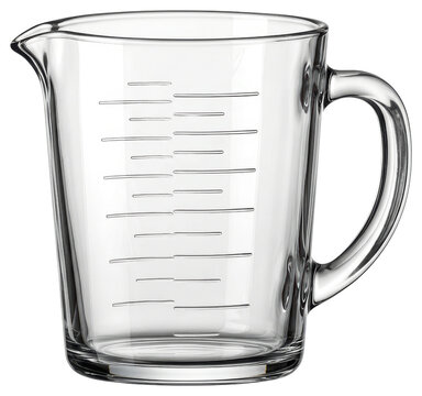 Clear glass measuring jug with handle and scale isolated transparent background