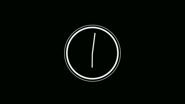 Animated minimalist white clock icon with rotating hands on a black background suitable for alpha channel overlays in time management and deadline motion graphics