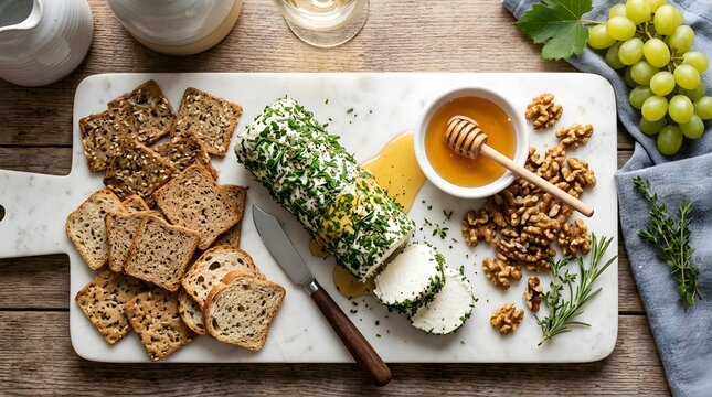 Artisanal cheese and charcuterie board with fresh herbs and honey perfect for National Goat Cheese Month