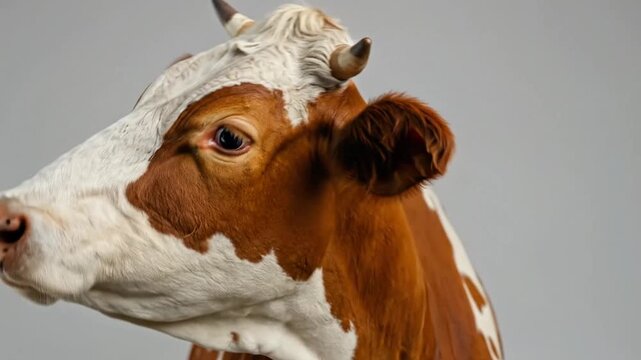 A close up portrait of a brown and white farm cow