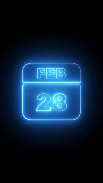 Glowing neon calendar date february 28th animation on black background