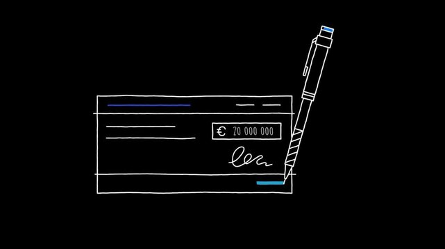 Bank Check Payment Document with Signature and Pen Line Art Animation