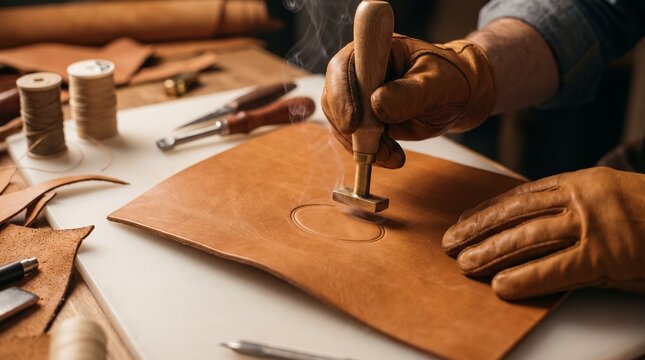 Hot stamp mark on leather, Blank maker impression process, Artisan personalization close up, Tan leather workshop detail, Premium craft photo