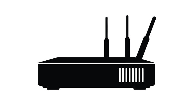 Wireless router with three antennas depicted as a black silhouette on a white background networking modem signal