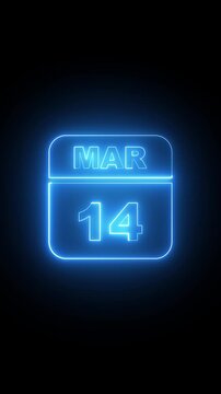 Glowing neon calendar date march 14th sign on black background, for pi day, celebration