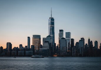 Fototapeta premium Iconic New York City Skyline at Dusk with One World Trade Center Dominating.