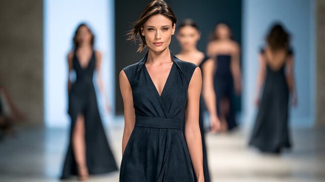 Diverse runway models presenting spring summer designer collection, luxury fashion show, flowing garments, sophisticated monochrome palette