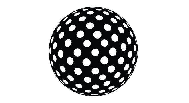 A spherical object covered in circular spots is depicted as a black and white silhouette sphere ball