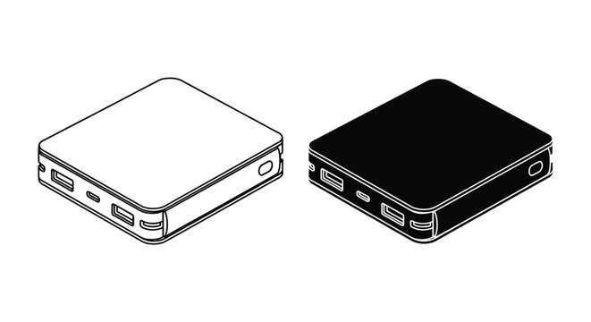 External hard drive depicted as a black and white line drawing and silhouette storage device data backup